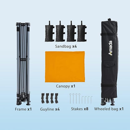 Amada 10x10 Pop Up Canopy - Center Lock One Push Instant Setup Wheeled Gazebo Outdoor Canopy Beach Tent with STO-N-Go Bag 8 Stakes & 4 Sand Bags, 3-Height Adjustable Shade Shelter (10x10ft, Orange)