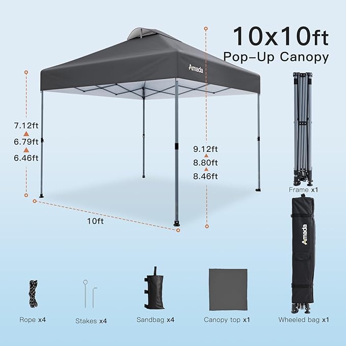 Amada 10x10 Pop Up Canopy - Center Lock One Push Instant Setup Wheeled Gazebo Outdoor Canopy Beach Tent with STO-N-Go Bag 8 Stakes & 4 Sand Bags, 3-Height Adjustable Shade Shelter (10x10ft, Grey)