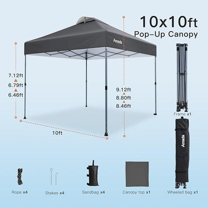 Amada 10x10 Pop Up Canopy - Center Lock One Push Instant Setup Wheeled Gazebo Outdoor Canopy Beach Tent with STO-N-Go Bag 8 Stakes & 4 Sand Bags, 3-Height Adjustable Shade Shelter (10x10ft, Grey)