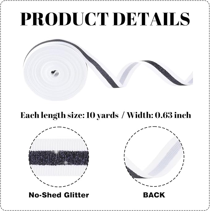 White Black Glitter Grosgrain Ribbon 5/8" x 10 Yards - No-Shed Cheer Ribbon for Cheerleading Hair Bows, Gift Wrapping, Homecoming Mum Supplies, Wedding Decorations Party Crafts Team Spirit