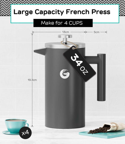Coffee Gator French Press Coffee Maker - 34oz Double Insulated Stainless Steel Brewer plus Travel Jar Canister