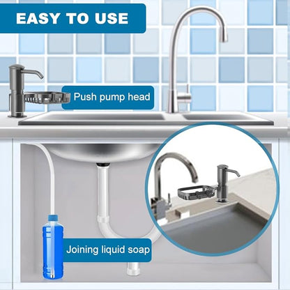 Soap Dispenser for Kitchen Sink, Built in Soap Dispenser Pump with Sponge Holder,Under Counter Brushed Nickel ABS Pump Head with 40" Extension Tube Kit(Dark Grey)