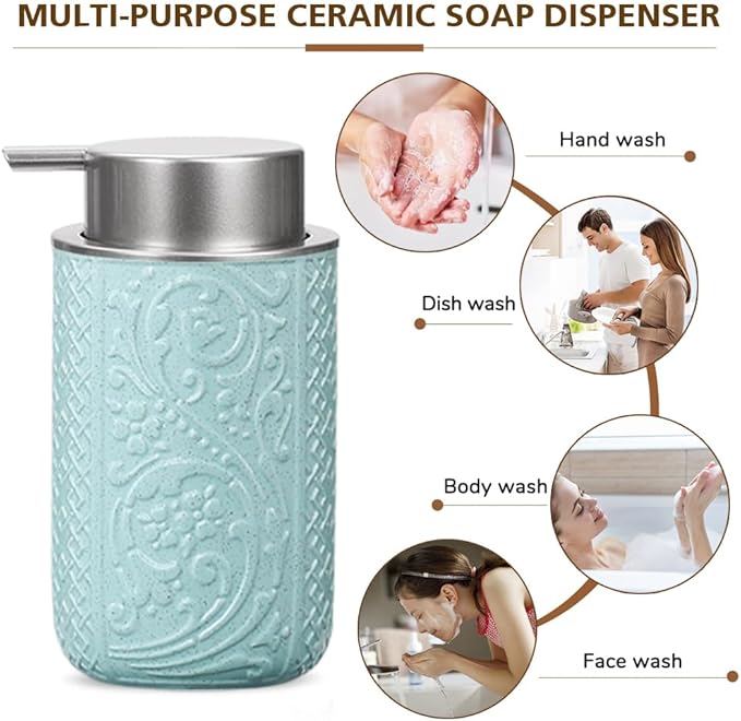 Foaming Hand Soap Dispenser, 12 Oz Ceramic Bathroom Foam Soap Dispenser with Silver Soap Pump, Refillable Lotion Hand Soap Dispenser, Dish Soap Dispenser for Kitchen (Pink)