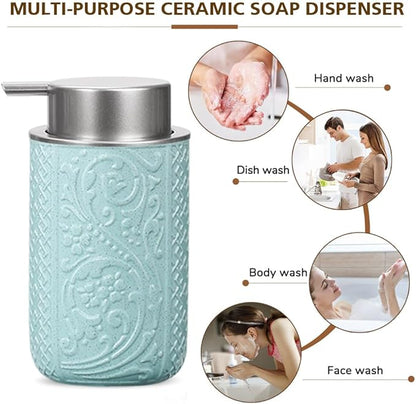 Foaming Hand Soap Dispenser, 12 Oz Ceramic Bathroom Foam Soap Dispenser with Silver Soap Pump, Refillable Lotion Hand Soap Dispenser, Dish Soap Dispenser for Kitchen (Pink)