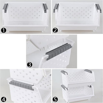 Set of 4 Plastic Stackable Storage Baskets, Stackable Organizer Bins for Kitchen, Pantry and Bathroom, White