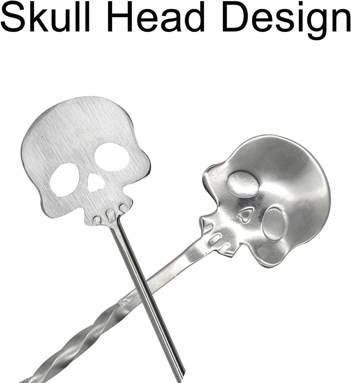 4Pcs Skull Swizzle Stick Bar Spoon Set Reusable Mixing Spoon 18/10(304) Stainless Steel Coffee Stirrer for Bar Home Halloween Party Stirring Cocktail