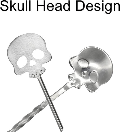 4Pcs Skull Swizzle Stick Bar Spoon Set Reusable Mixing Spoon 18/10(304) Stainless Steel Coffee Stirrer for Bar Home Halloween Party Stirring Cocktail