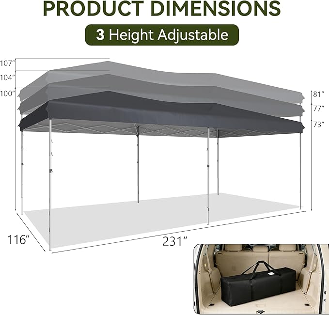 Aoxun 10x20 Pop Up Canopy Tent with 6 Removable Sidewalls, One Push Party Tent Waterproof Outdoor Canopy with 3 Adjustable Height, Portable Tents for Parties, Wedding, Commercial, Market
