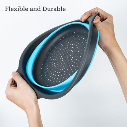 Collapsible Colander 3-Pack Set Space-Saving Foldable Kitchen Strainer with Non-Slip Base Durable Thickened PP+TPE Collapsible Strainers for Pasta, Vegetables, Fruits (Gray-Blue)