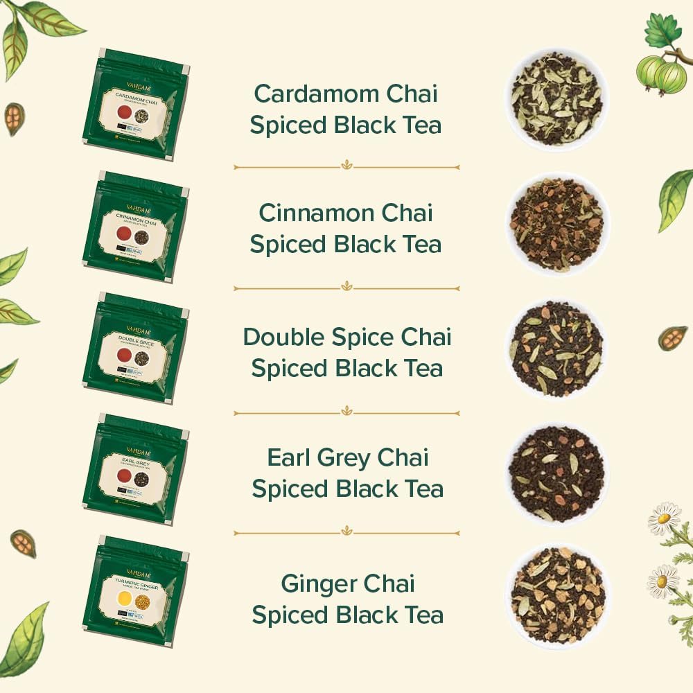 Vahdam, Assorted Chai Tea Loose Leaf Tea Gift Set (10 Flavors) Gift Ideas for Women & Men, Indian Exotic Chai Tea Blends, Resealable Ziplock Pouch