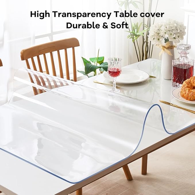 Large Thick Vinyl Clear PVC Conference Table Cover Protector 42x100 Inch Plastic Vinyl Rectangle Exhibition Stand Pad Cover Wood Dining Room End Artwork Banquet Tabletop Protective Waterproof Wipeable