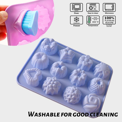 Sakolla 3 Pack Flower Molds Silicone, 12 Cavities Different Shapes Silicone Molds for Chocolate, Cupcake, Candy, Jelly, Ice Cube, Muffin (Pink