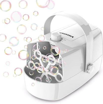 Wisdomlit Bubble Machine, 3-in-1 Bubble Maker, Bubble Blower with 3 Bubble Wheels, Make Small | Medium | Big Bubbles for Kids Toddlers, Bubble Toys for Indoor Outdoor Birthday Party (White)