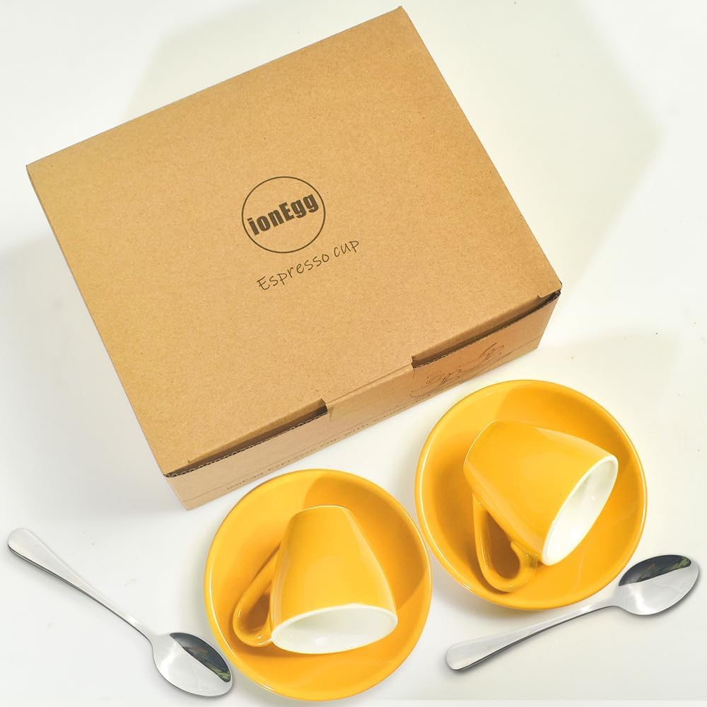 Porcelain Espresso Cup with Saucer And Stainless Steel mini Spoons, Espresso shot Cup, 80ml/2.7Oz, Pack of 2, Yellow
