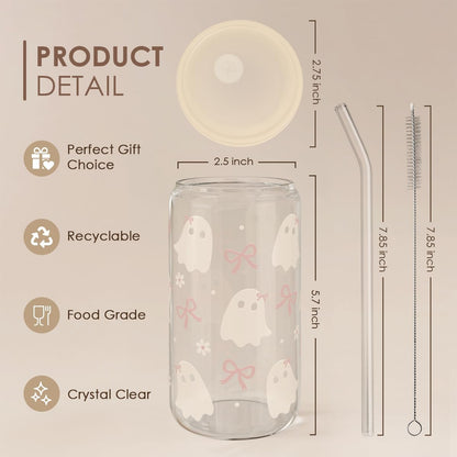 Halloween 16oz Can Glass Tumbler with Acrylic Lid & Straw, Iced Coffee Cup for Women Girls, Aesthetic Cups Gifts for Party