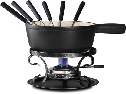 Artestia Cast Iron Fondue Pot Set – Swiss Traditional 2L Cheese & Chocolate Fondue Pot for 4-6 People – Ideal for Melting Cheese, Chocolates, Caramel, & More (Black)