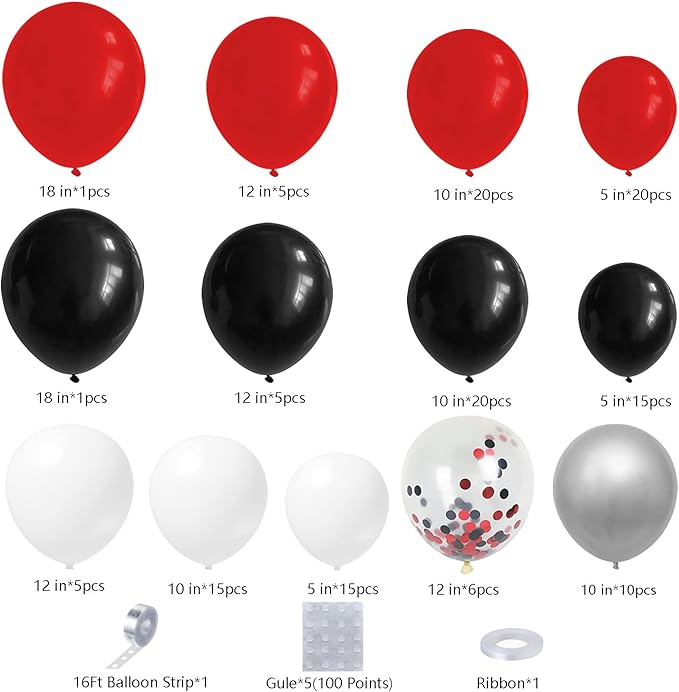 DBKL Red Black and White Balloon Garland Arch Kit with Different Size Red Black White Silver Confetti Balloons for Shower Birthday New Year Graduation Wedding Racing Car Poker Party Decorations