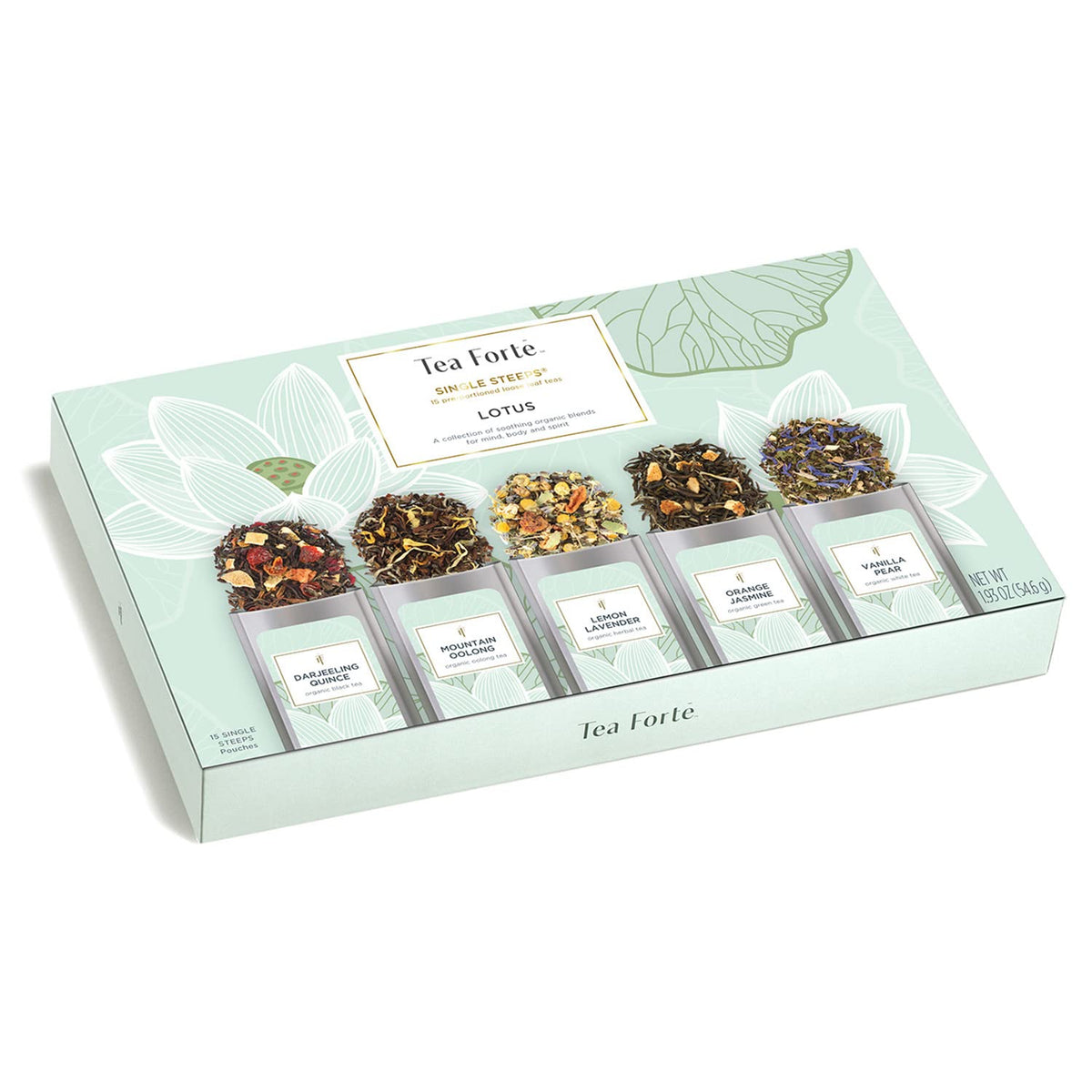 Tea Forte Lotus Single Steeps Loose Leaf Premium Tea Gift Set Sampler, 15 Count 3 of Each Assorted Blends, Pre-Portioned Single Serve Pouches