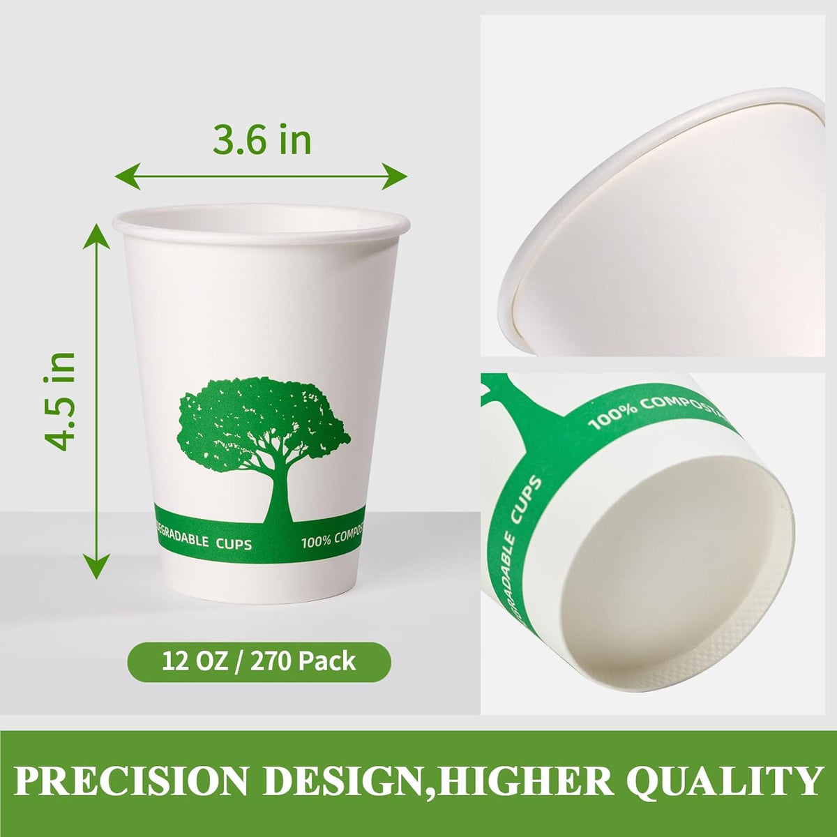 Vplus 270 Pack Compostable Paper Cups, 12 oz Biodegradable Disposable Paper Coffee Cups, Eco-friendly Hot Drinking Cups for Party, Picnic,Travel