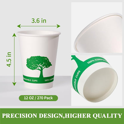 Vplus 270 Pack Compostable Paper Cups, 12 oz Biodegradable Disposable Paper Coffee Cups, Eco-friendly Hot Drinking Cups for Party, Picnic,Travel