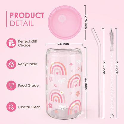 Rainbow 16oz Can Glass Tumbler with Acrylic Lid & Straw, Iced Coffee Cup for Women Girls, Aesthetic Cups Gifts for Birthday Christmas