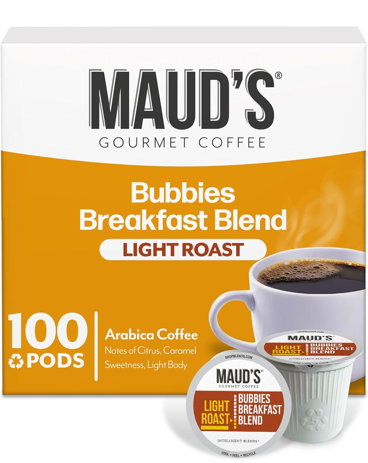 Maud's Breakfast Blend Coffee Pods, 100 ct, Light Roast Coffee in Recyclable Single Serve Pods – 100% Arabica Beans