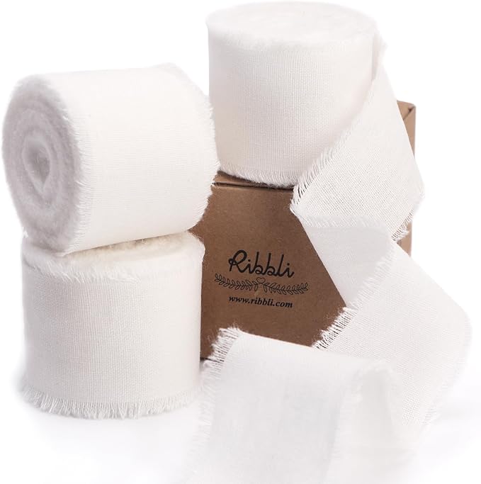 Ribbli 3 Rolls White Ribbon 1.5 Inch x 18Yards Handmade Cotton Frayed Fringe Ribbons for Gift Wrapping Wedding Invites Bridal Bouquets Baby Shower DIY Crafts Home Decor
