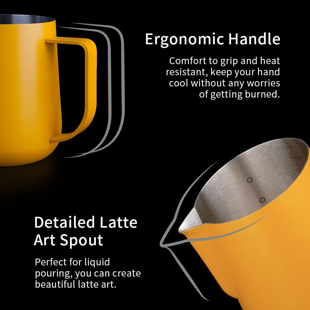 watchget Milk Frothing Pitcher 500ml/17oz Espresso Steaming Pitcher with Matte Yellow Coating Stainless Steel Milk Steamer Jug Milk Frothing Cup