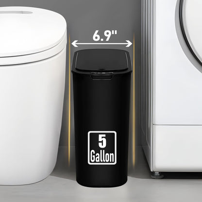 5 Gallon Motion Senor Bathroom Trash Can with Lid, Automatic Garbage Can Touchless, Smart Plastic Waste Basket for Narrow Spaces, Bathroom, Office, Bedroom, Living Room (Black)