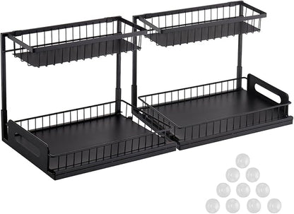 VEVOR Pull Out Cabinet Organizer, 2 Tier Under Sink Organizer and Storage(10.7"W x 14.2"D ), Slide Out Drawer Cabinet Organizer, Wire Basket Sliding Shelf for Kitchen Bathroom Cabinet, Black (2 Pack)