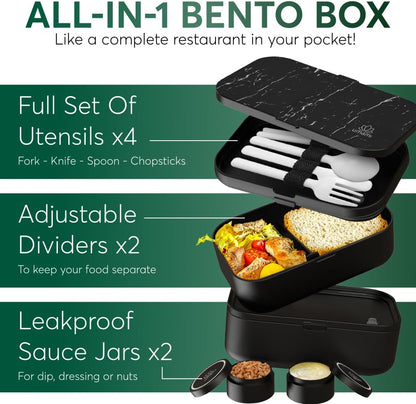 Umami Bento Box Adult All-In-1 w/4 Utensils, 2 Sauce Jars, 2 Dividers, 100% Leakproof, Microwave & Dishwasher Safe, Stackable Lunch Containers for Men/Women, Matte Black & Marble, 68 oz