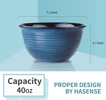 Hasense Ceramic Soup Bowls Set of 4, 40 Ounce Large Cereal Bowls for Kitchen, 7 Inch Serving Bowls for Salad Pasta Ramen Pho Popcorn