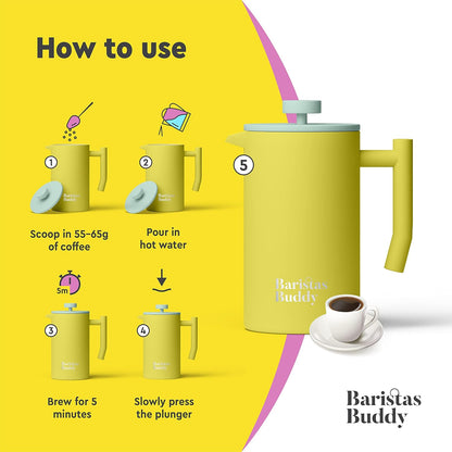 Yellow French Press Coffee Maker - Colorful, Retro And Stylish Insulated Coffee Brewer - Large Size Brews 4 Cups