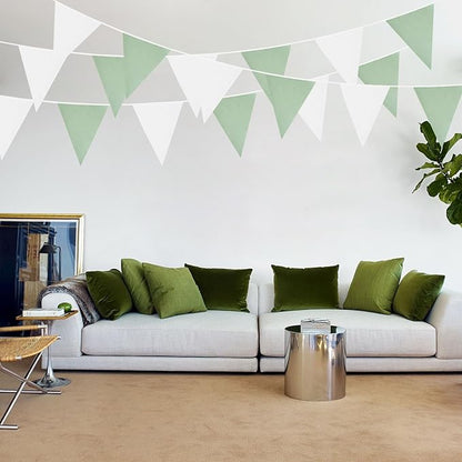 Zwiebeco 39Ft Green White Fabric Bunting Banner Triangle Flags Hanging Cotton Garland Pennant for Spring Tea Party Birthday Wedding Baby Shower Outdoor Garden Decorations 42PCS