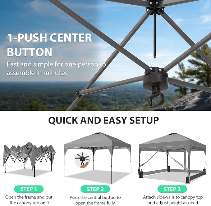 10x10 FT Pop Up Canopy with 4 Clear PVC Sidewalls, Instant 1-Button Push Canopy Tent for Outdoor Activities & Events