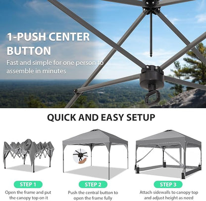 10x10 FT Pop Up Canopy with 4 Clear PVC Sidewalls, Instant 1-Button Push Canopy Tent for Outdoor Activities & Events