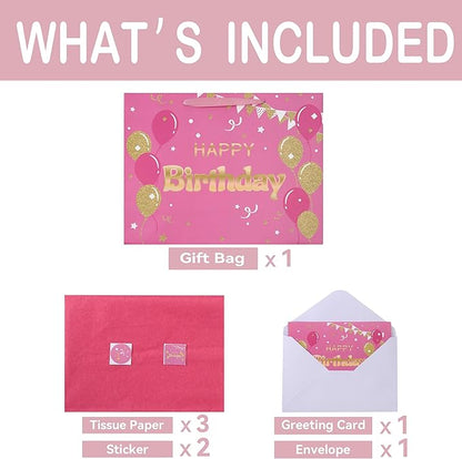 Qirrmiy 16.5" Extra Large Pink Happy Birthday Gift Bag Set with Handles, Greeting Card, Tissue Papers and Stickers for Women Girls, Balloons Design, 1 Pcs