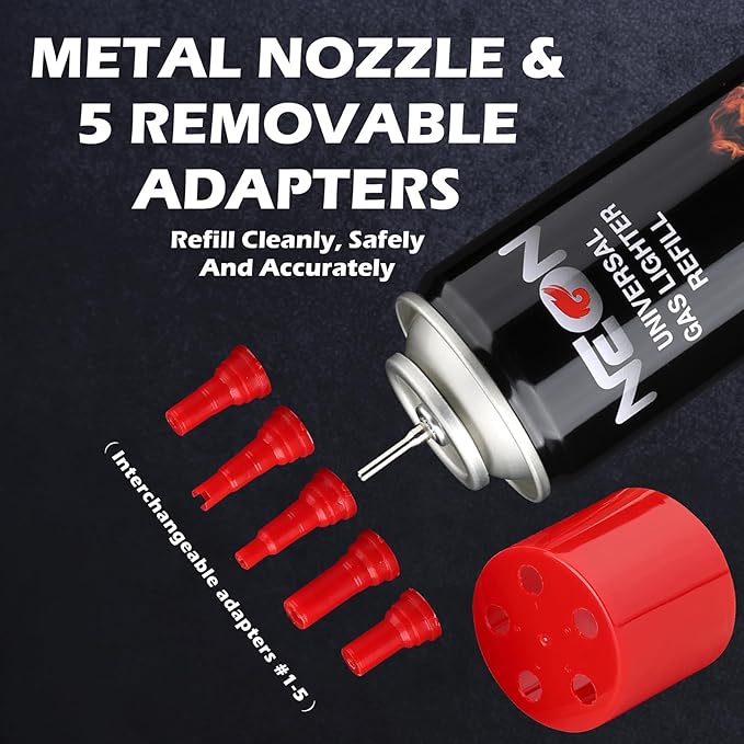 NEON Butane Fuel 300ml, 5X Premium Refined Butane Refill for Torch Lighter, 0 Impurities Lighter Fluid with Metal Nozzle & 5 Butane Gas Refill Adapters for Culinary, Welding, and DIY (12 Cans)