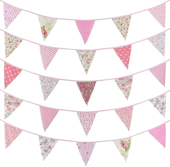 Zwiebeco 39Ft Pink Floral Fabric Bunting Banner Triangle Flag Party Decorations Hanging Cotton Rustic Vintage Flowers Garland Pennants for Wedding Birthday Tea Nursery Home Outdoor Garden Accessories