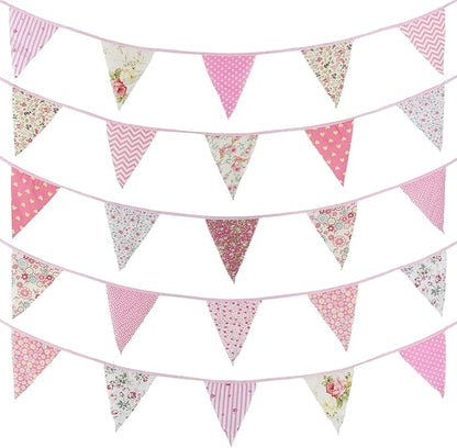 Zwiebeco 39Ft Pink Floral Fabric Bunting Banner Triangle Flag Party Decorations Hanging Cotton Rustic Vintage Flowers Garland Pennants for Wedding Birthday Tea Nursery Home Outdoor Garden Accessories