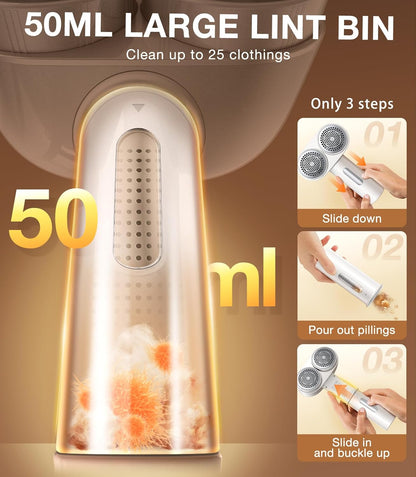 TORRAS Dual-Head Fabric Shaver, Longest Durability & 50ml Large Capacity Rechargeable Lint Removers to Remove Pills, 6-Leaf Blades Defuzzer, Electric Shaver for Clothes Couch Furniture, Pearl White
