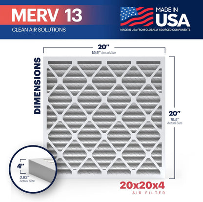 BNX TruFilter 20x20x4 (19.5’’ x 19.5’’ x 3.63‘’ Slim Fit) MERV 13 Air Filter (2-Pack) - MADE IN USA - Air Conditioner HVAC AC Furnace Filters Health, Allergies, Mold, Bacteria, Smoke, MPR 1900 FPR 10