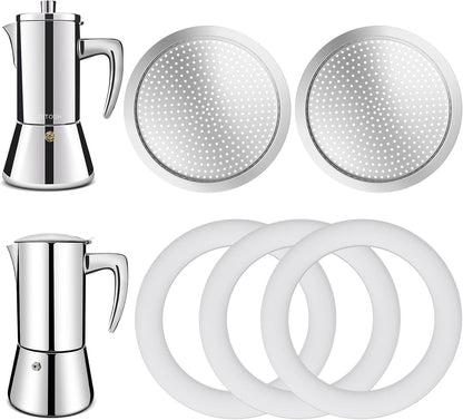 2 Pcs Filter with 3 Pcs Silicone Gasket Seals for 6 Cup Stovetop Espresso Coffee Maker Replacement Parts for 304 Stainless Steel Moka Pot