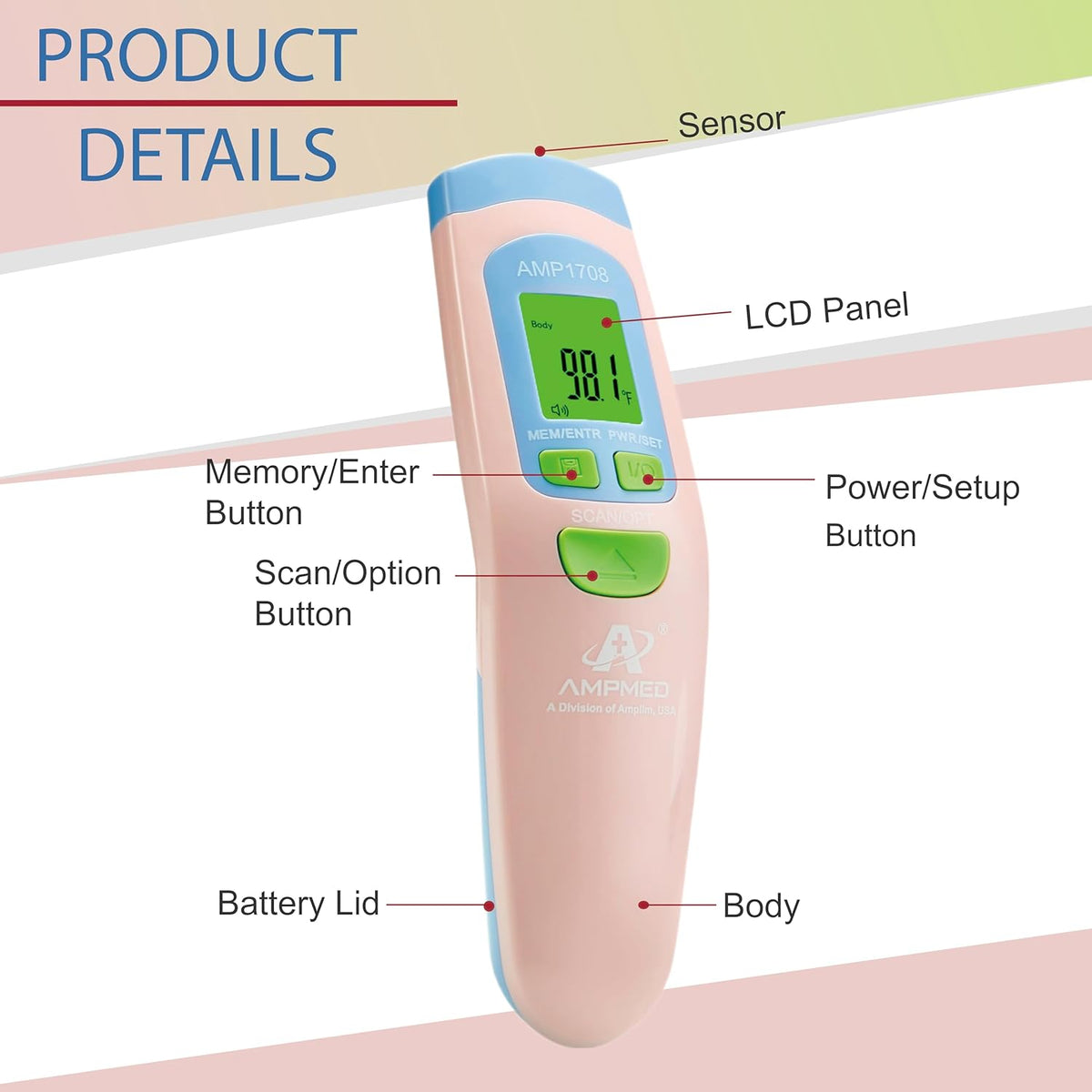 Amplim Non-Contact Forehead Thermometer for Adults, Kids & Infants, Ampmed No-Touch Medical Grade Temporal Fever Thermometer with Case