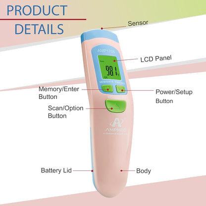 Amplim Non-Contact Forehead Thermometer for Adults, Kids & Infants, Ampmed No-Touch Medical Grade Temporal Fever Thermometer with Case