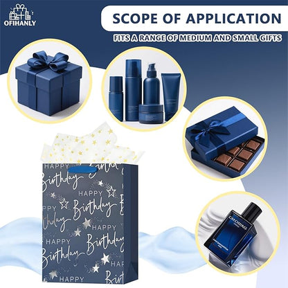 OFIHANLY 12.6" Medium Happy Birthday Gift Bag with Handles for Men Paper Gift Wrap Bags for Him Boys Kids Baby Navy Blue Bags with Tissue Paper,1Pcs
