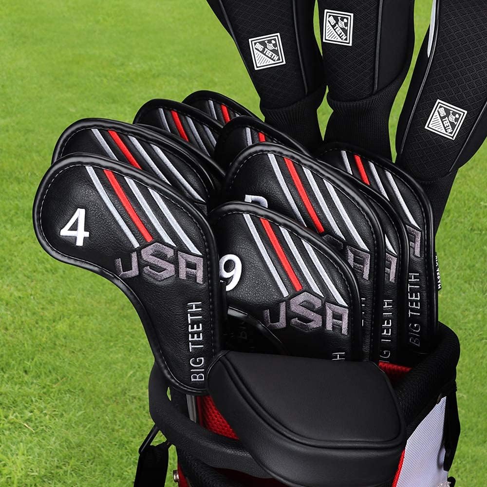 Big Teeth Golf Cover USA Stripe and Star Headcover Covers, Driver Fairway Wood Hybrid Headcovers Fits Blade Mallet Putter Iron and Woods with Magnetic Club Protector Pu Leather Golf Accessories