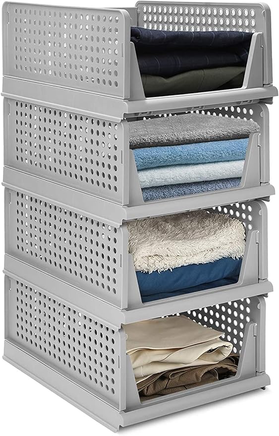 Stackable Wardrobe Organizer for Clothes - Multipurpose Foldable Plastic Closet Storage Organizer for Kitchen, Bedroom & Bathroom (Pack of 4, Grey)