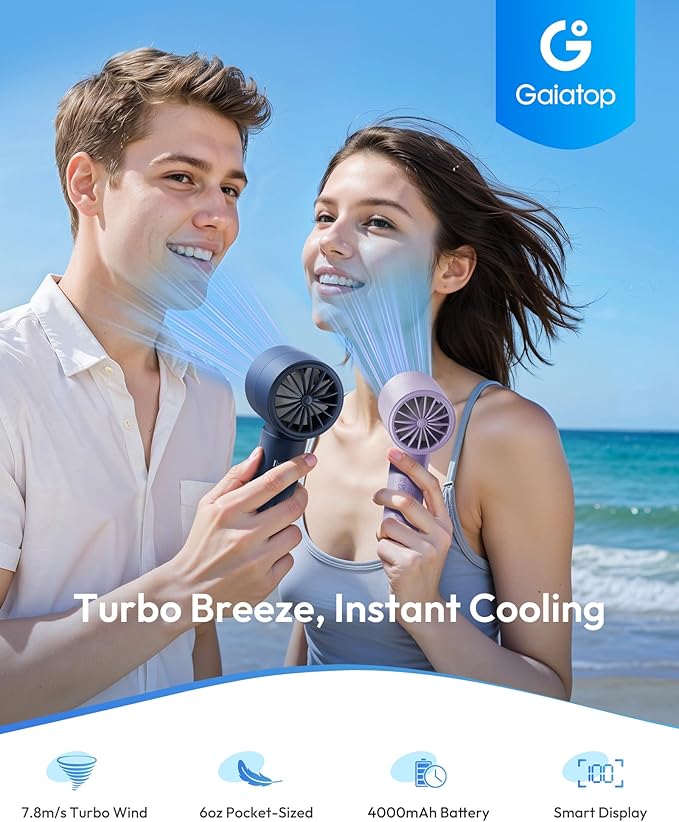 Gaiatop High Speed Handheld Fan, 1-100% Precise Turbo Personal Cooling, 4000mAh USB Rechargeable Battery Powered, Mini Portable Fan for Travel, Summer Outdoor Essentials, Gifts for Women Girls, Purple