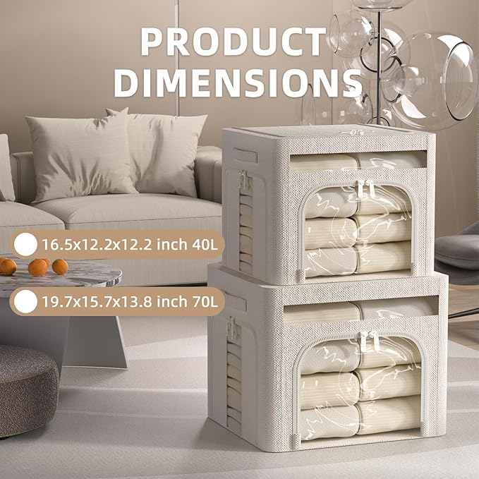 FHSQX 6 Pack Foldable Storage Bins for Clothes Clothes Storage Bins with Metal Frame Stackable Storage Box with Lid (Cream White, 16.5x12.2x12.2 inch (40L))